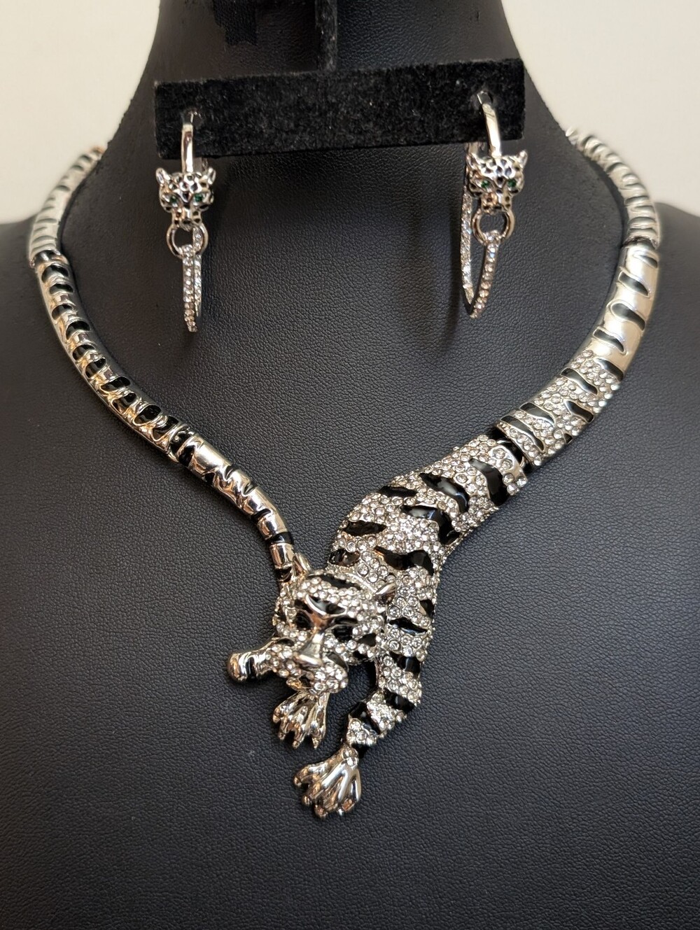 Silver Crystal Tiger Necklace & Earring Set - Silver Tone